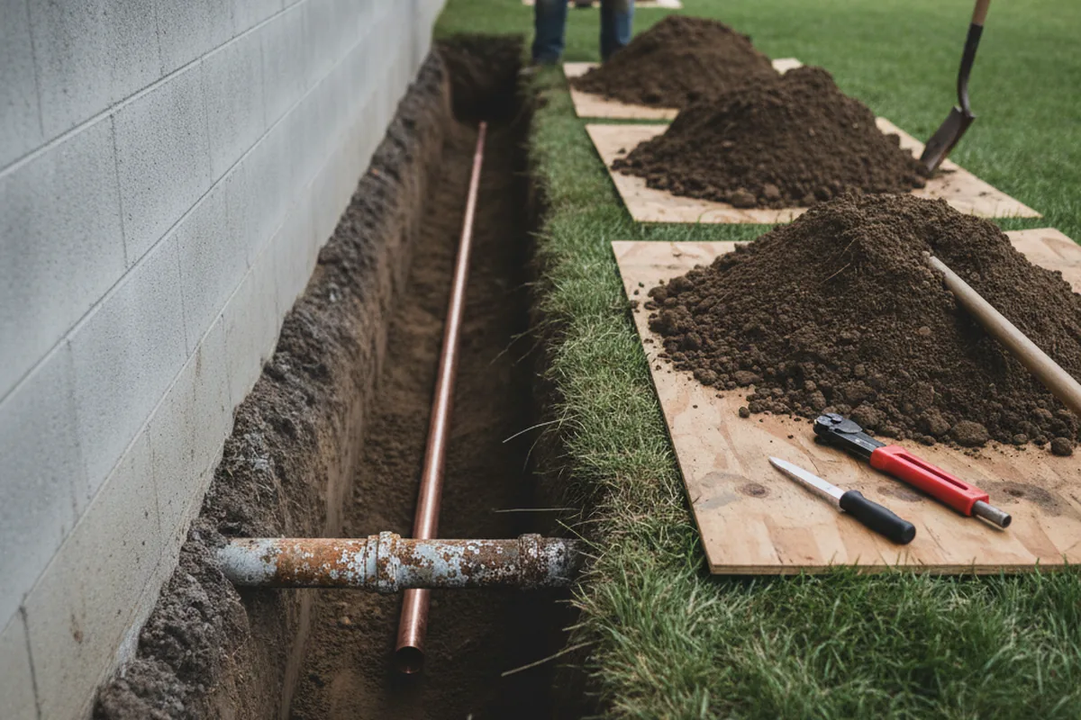 Excavated water line trench during Sewer Line Repair in Brownfield